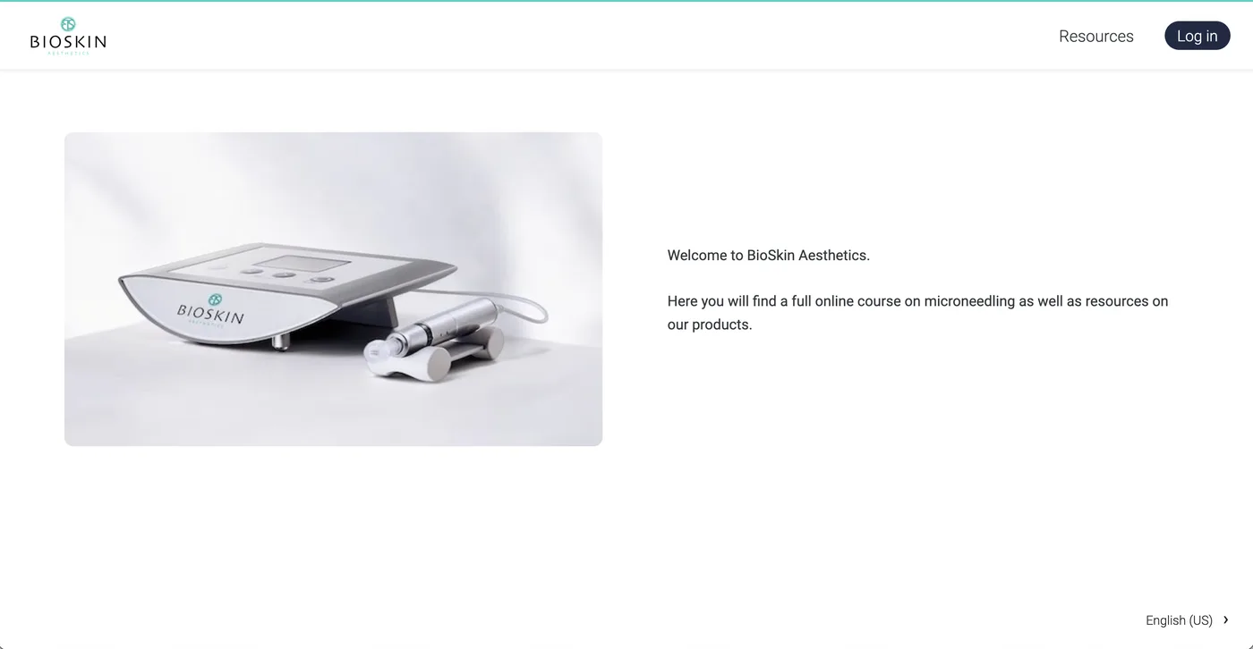 Landing page of the BioSkin Aesthetics online course, showing the BioSkin microneedling device